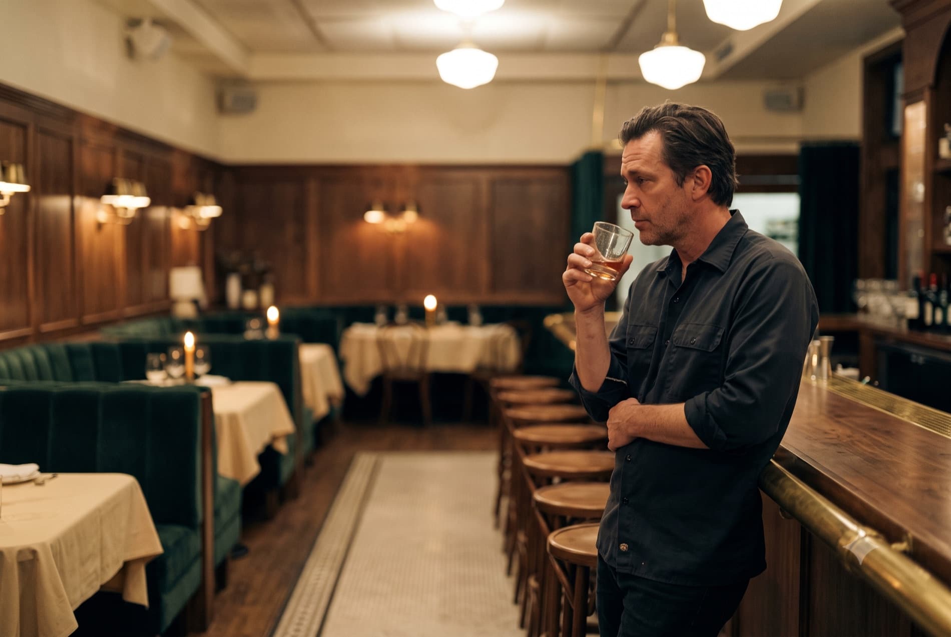 An owner-operator at the end of the bar after service, looking over the room